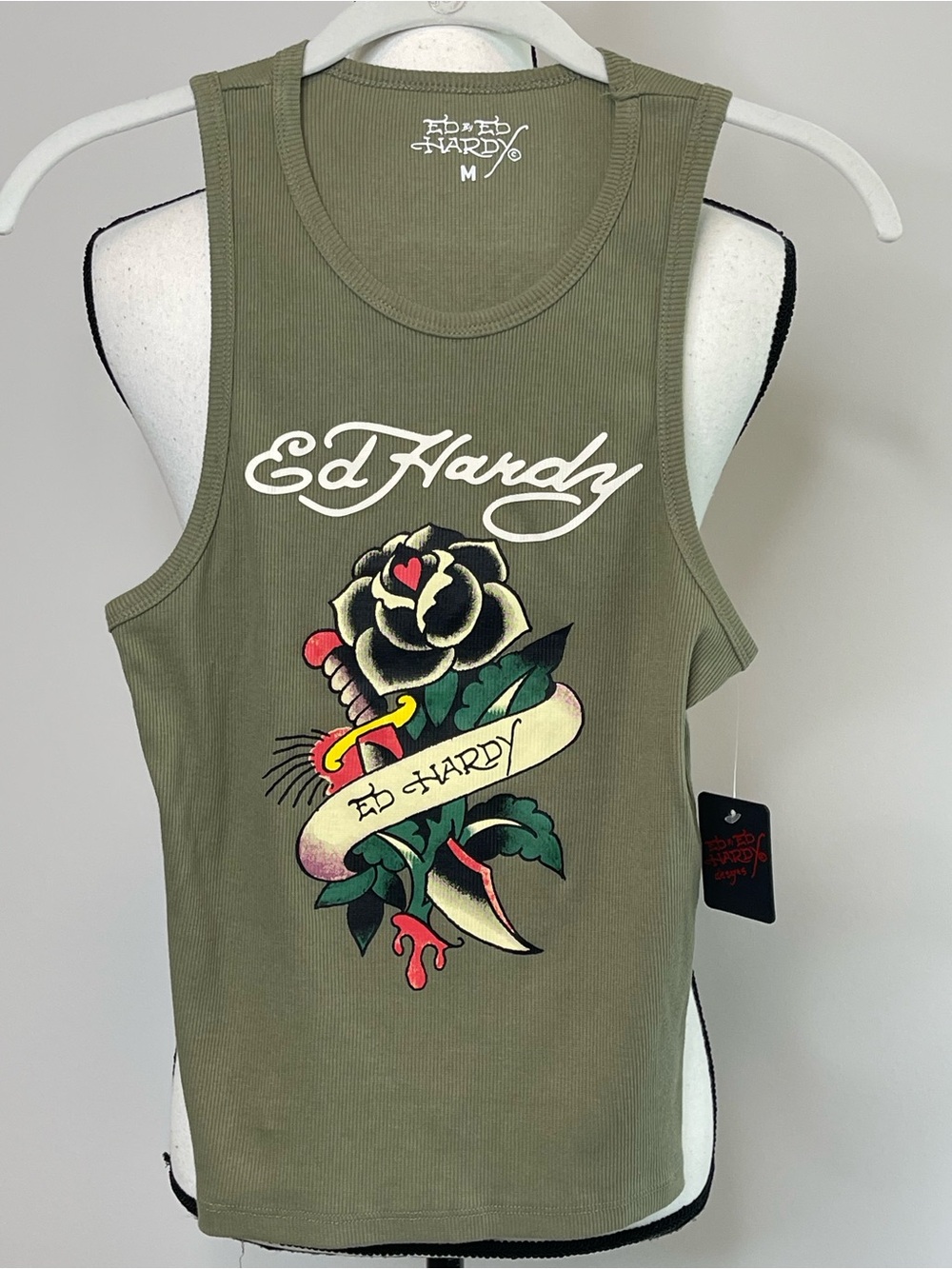 Ed by Ed Hardy size medium rib knit green tank top  streetwear Y2K NWT new